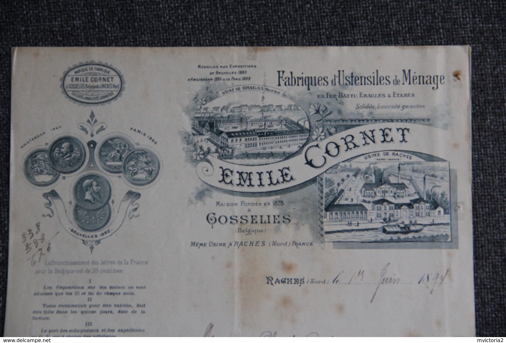 Facture Ancienne , RAGHES, Fabriques D'ustensiles De Ménage, Emile CORNET. - 1800 – 1899