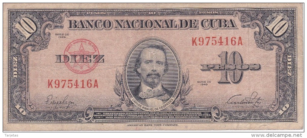 BILLETE DE CUBA DE 10 PESOS DEL AÑO 1949 DE CARLOS MANUEL CESPEDES  (BANK NOTE) - Cuba