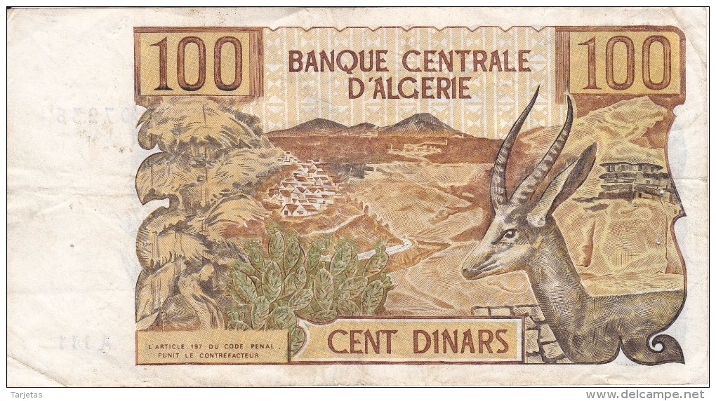 BILLETE DE ARGELIA DE 100 DINARS DEL AÑO 1970 (BANKNOTE) CIERVO-DEER - Argelia