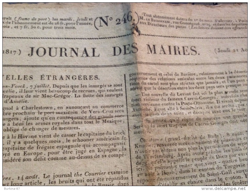 JOURNAL DES MAIRES, 21 Aout, 1817 - Autres & Non Classés