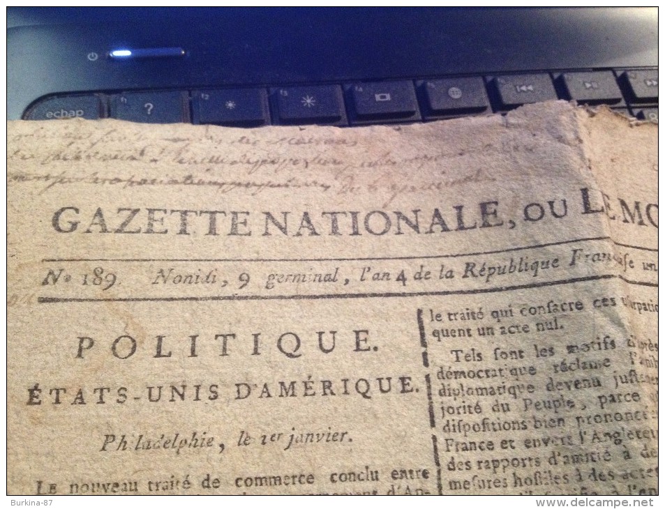 Gazette Nationale, Ou Le Moniteur Universel, 9 Germinal AN 4 De La République, Journal De La République - Autres & Non Classés