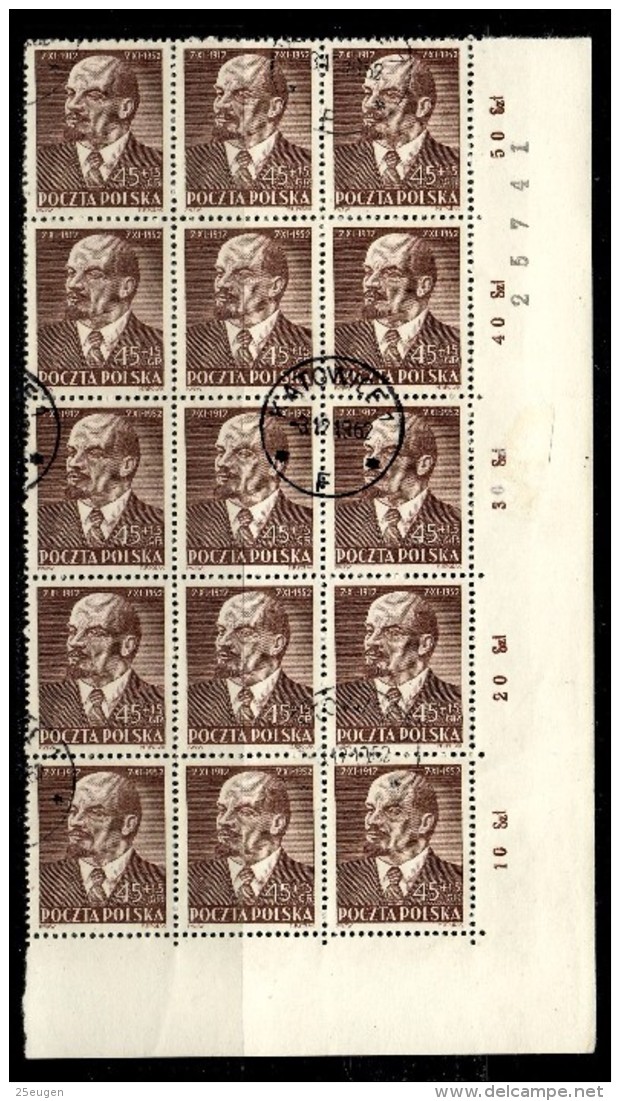 POLAND 1952 STAMP LENIN WITHOUT INSCRIPTION LENIN BLOCK OF 15 USED - Errors & Oddities