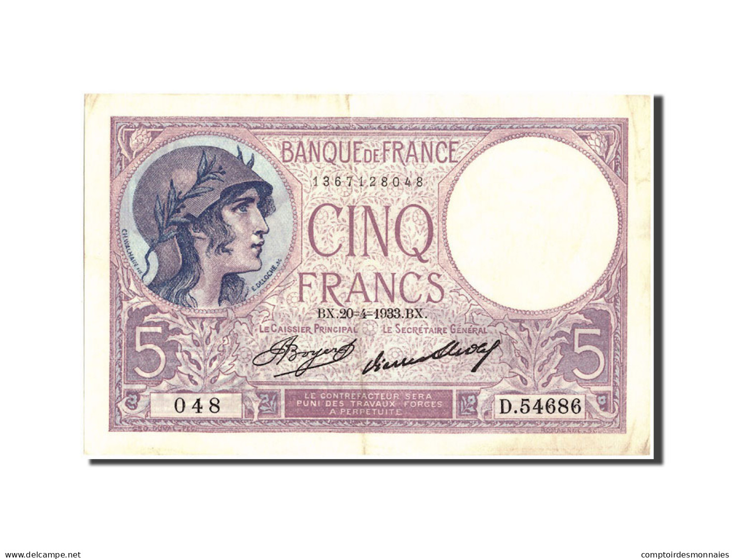 Billet, France, 5 Francs, 5 F 1917-1940 ''Violet'', 1933, 1933-04-20, TTB+ - 5 F 1917-1940 ''Violet''