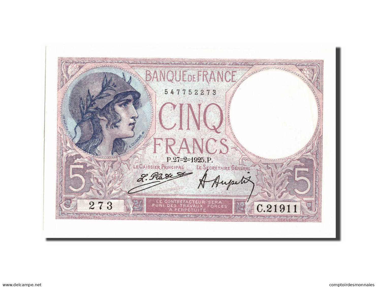 Billet, France, 5 Francs, 5 F 1917-1940 ''Violet'', 1925, 1925-02-27, SPL - 5 F 1917-1940 ''Violet''