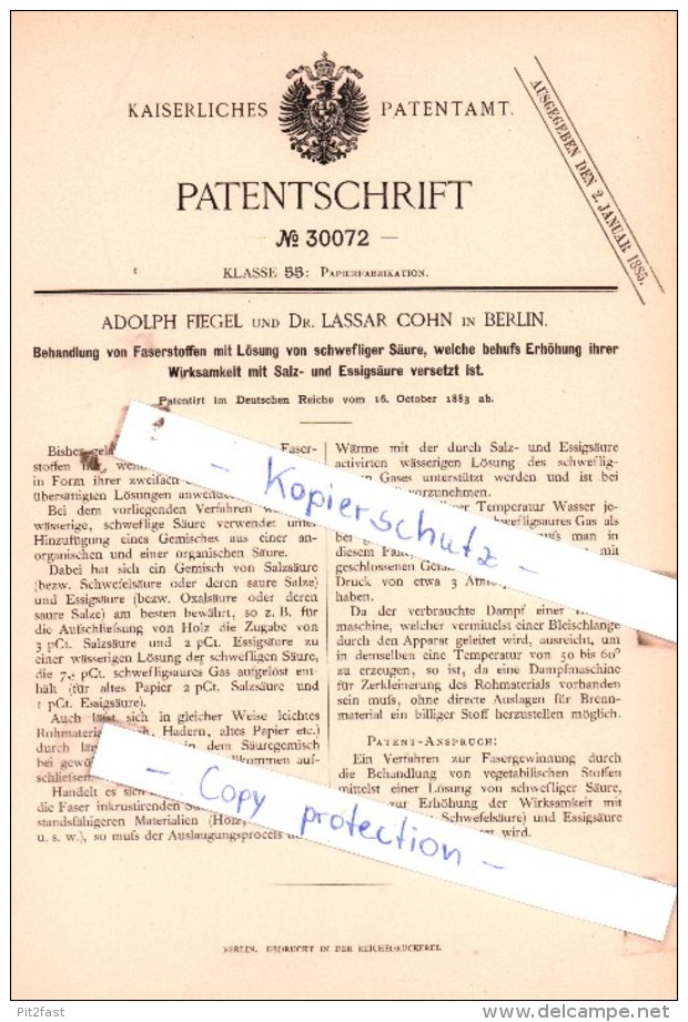 Original Patent  -  Adolph Fiegel Und Dr. Lassar Cohn In Berlin , 1883 , Papierfabrikation !!! - Historische Dokumente