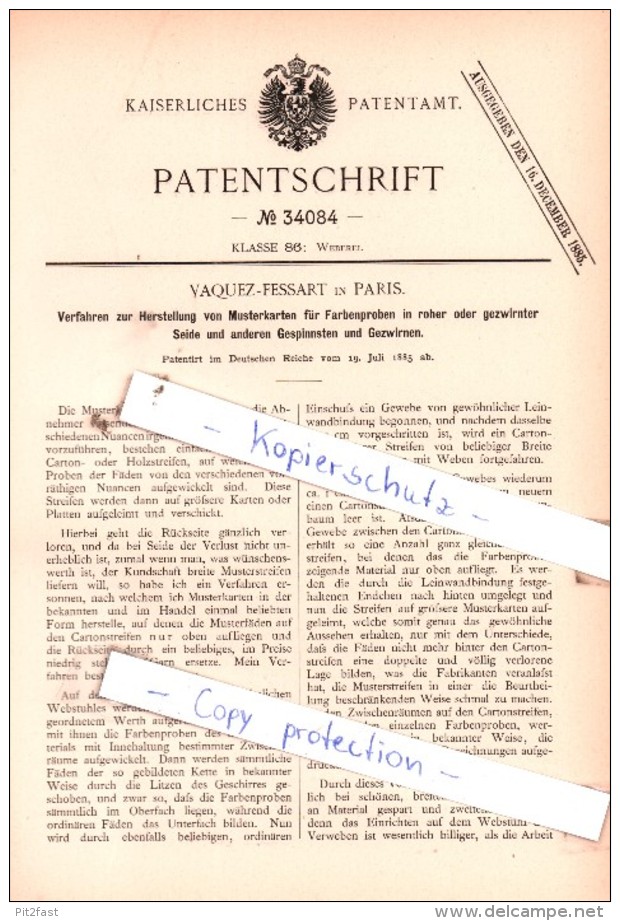 Original Patent  - Vaquez-Fessart In Paris , 1885 , Weberei !!! - Historische Dokumente