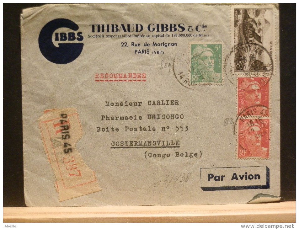 63/438  LETTRE RECOMM. 1950 POUR LE CONGO BELGE - 1921-1960: Période Moderne