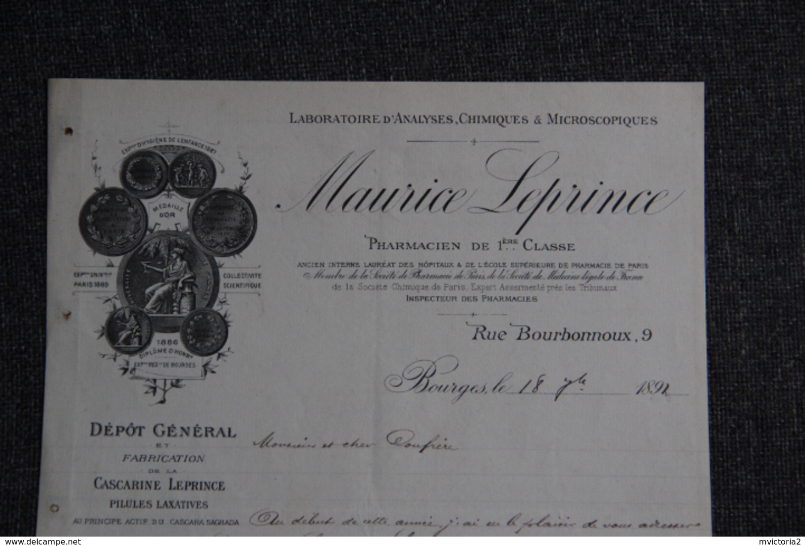 Lettre Ancienne Publicitaire , BOURGES - Laboratoire D'Analyses Chimiques , Pharmacien Maurice LEPRINCE. - 1800 – 1899