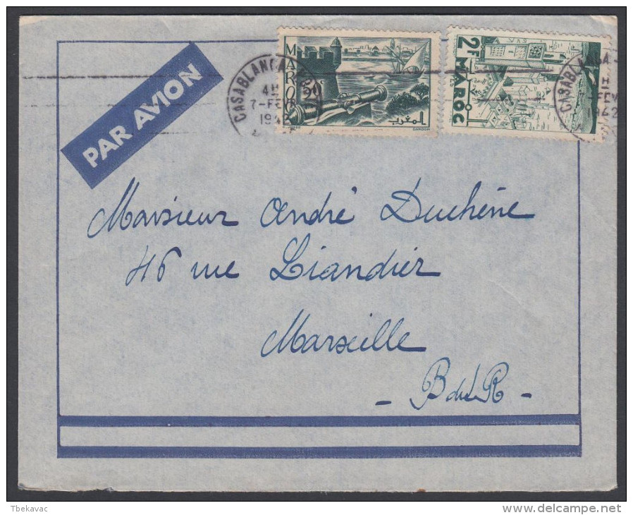 Morocco 1942, Airmail Cover Casablanca To Marseille W./postmark Casablanca - Aéreo