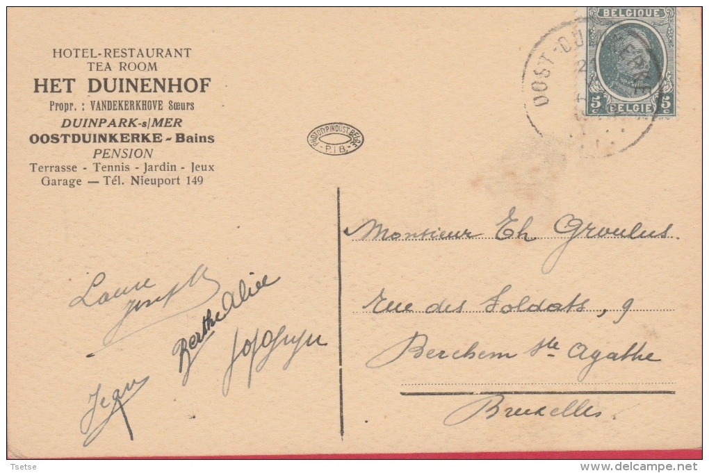 Oostduinkerke-Bains - Hôtel-Restaurant " Het Duinenhof "  - Oldtimer, Geanimeerd - 1921 ( Verso Zien ) - Oostduinkerke