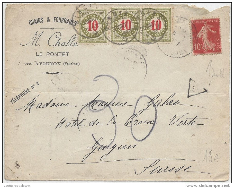 ⭐ France - Lettre Taxée Pour La Suisse à 30 Centimes - Entête Grains Et Fourrages M. Challe - 1907 ⭐ - 1877-1920: Période Semi Moderne