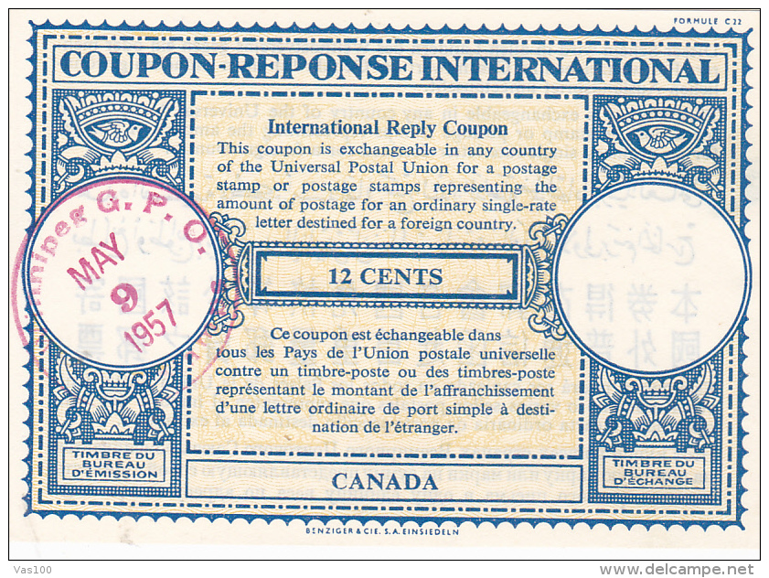 #BV3752   COUPON RESPONSE INTERNATIONAL,  INTERNATIONAL REPLY COUPONS, 12 CENTS, 1957, CANADA. - Antwortcoupons