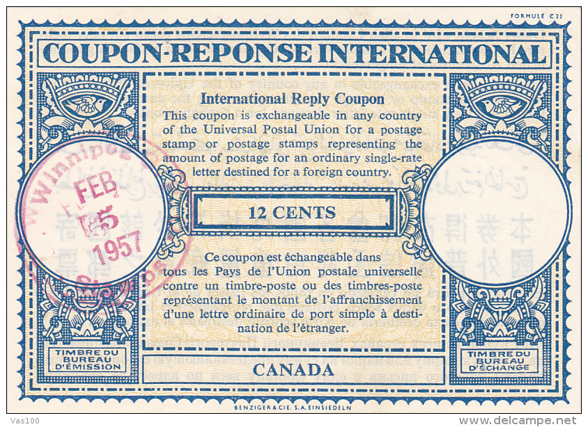 #BV3752   COUPON RESPONSE INTERNATIONAL,  INTERNATIONAL REPLY COUPONS, 12 CENTS, 1957, CANADA. - Antwortcoupons