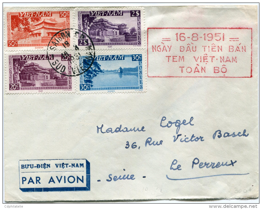 VIETNAM LETTRE PAR AVION AVEC CACHET ROUGE "16-8-1951 NGAY DAU TIEN BAN TEM VIET-NAM TOAN BO" DEPART SAIGON 16-8-1951 - Viêt-Nam