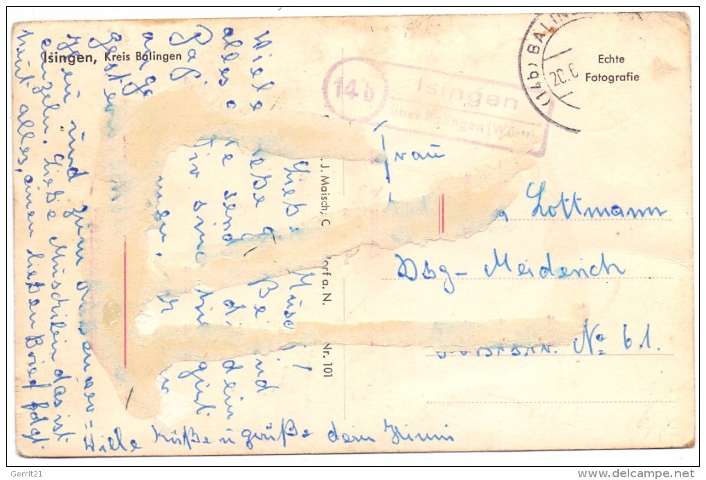 7463 ROSENFELD - ISINGEN, Dorfansicht, Landpoststempel, Rücks. Klebereste - Balingen