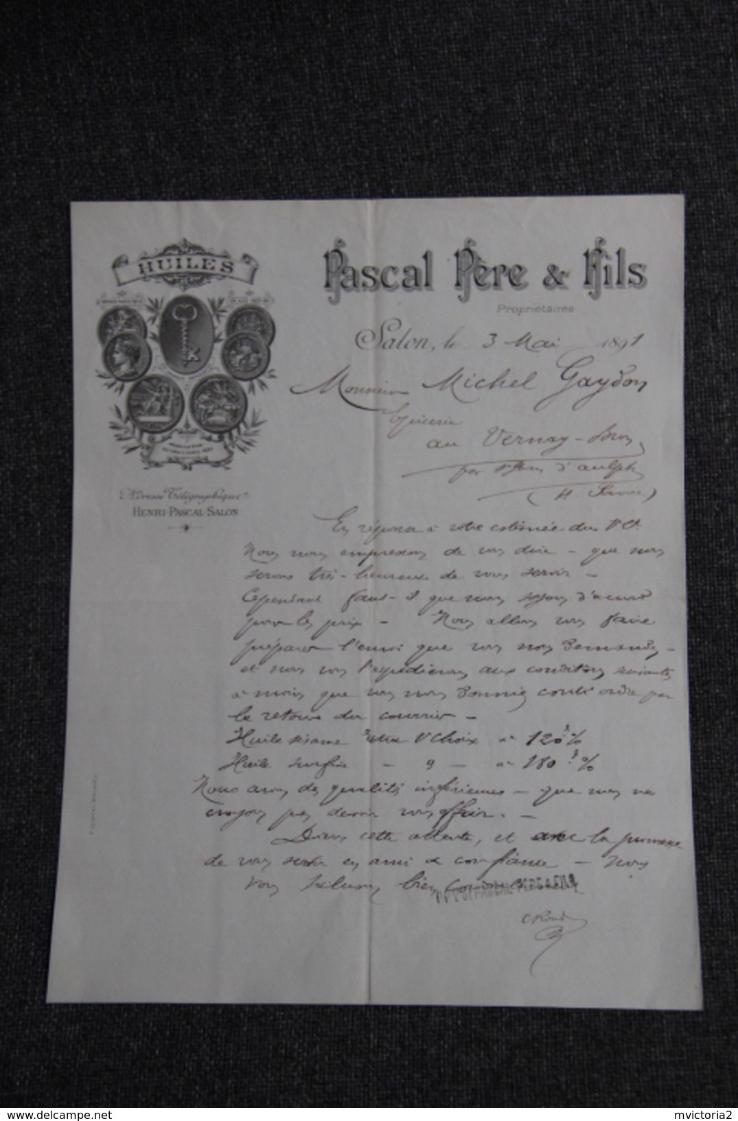 Lettre Ancienne Publicitaire, SALON , HUILES - PASCAL Père Et Fils. - 1800 – 1899