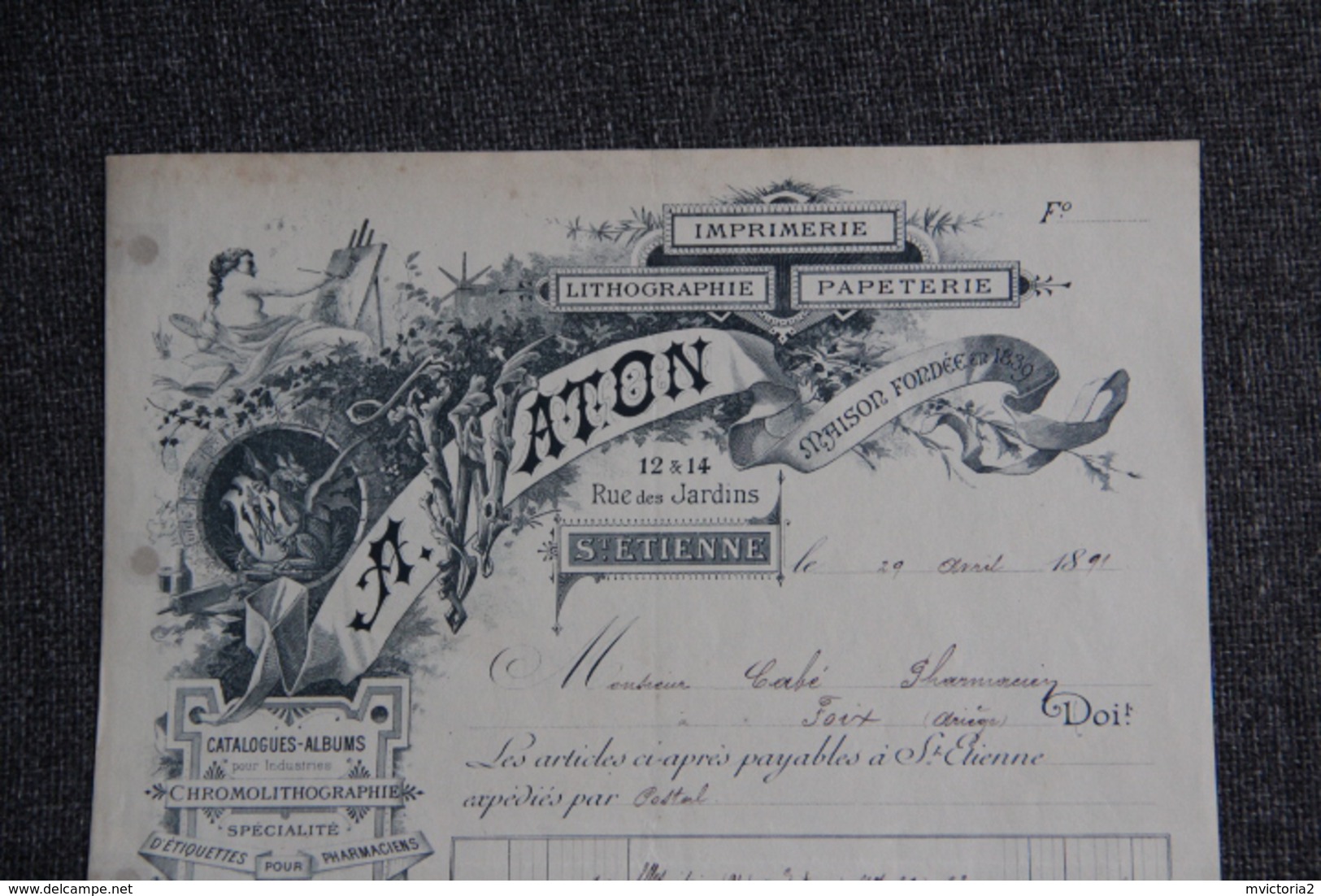 Facture Ancienne Publicitaire, ST ETIENNE , Imprimerie , Lithographie, Papeterie A.WATON - 1800 – 1899