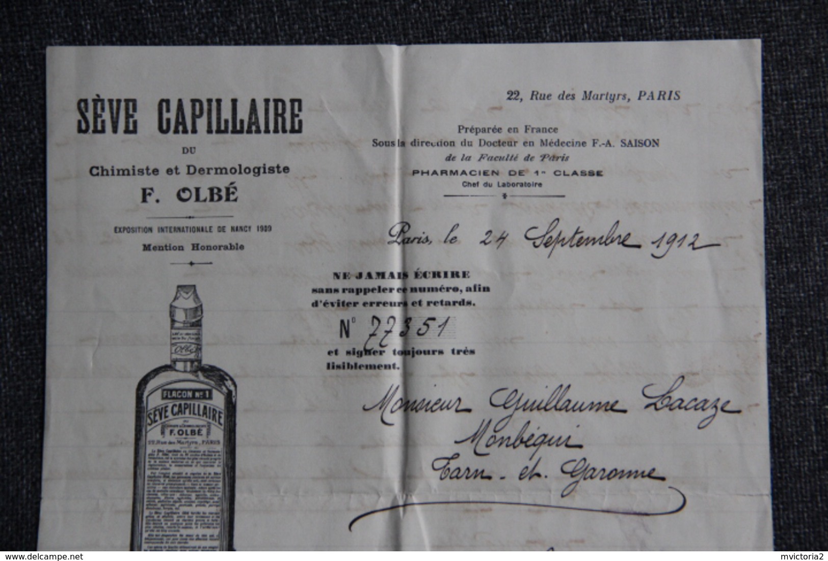 Lettre Ancienne Publicitaire, PARIS, SEVE CAPILLAIRE Du Chimiste Et Dermologiste F.OLBE - 1900 – 1949