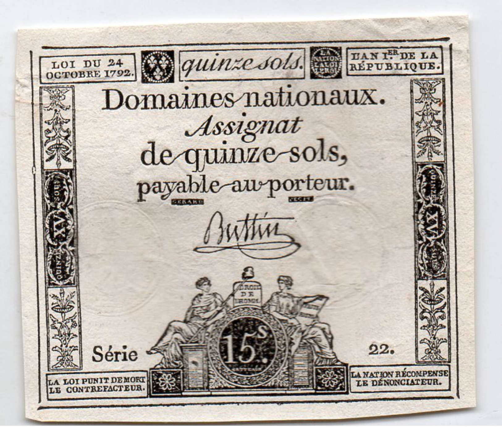 FRANCE : Assignat 15 Sols 1792. Serie 22 (aunc) - Assignats & Mandats Territoriaux