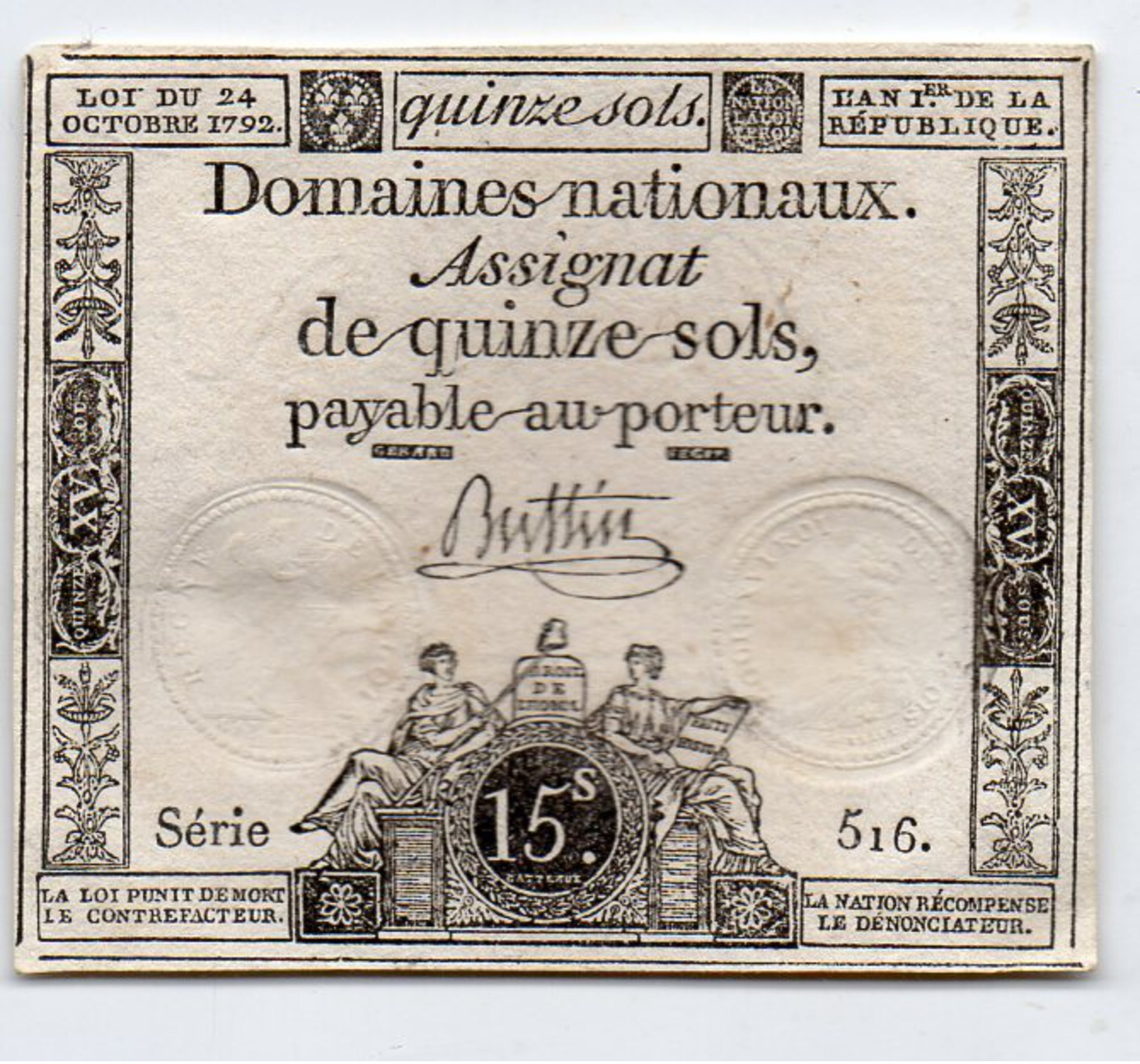 FRANCE : Assignat 15 Sols 1792. Serie 516 (aunc) - Assignats & Mandats Territoriaux