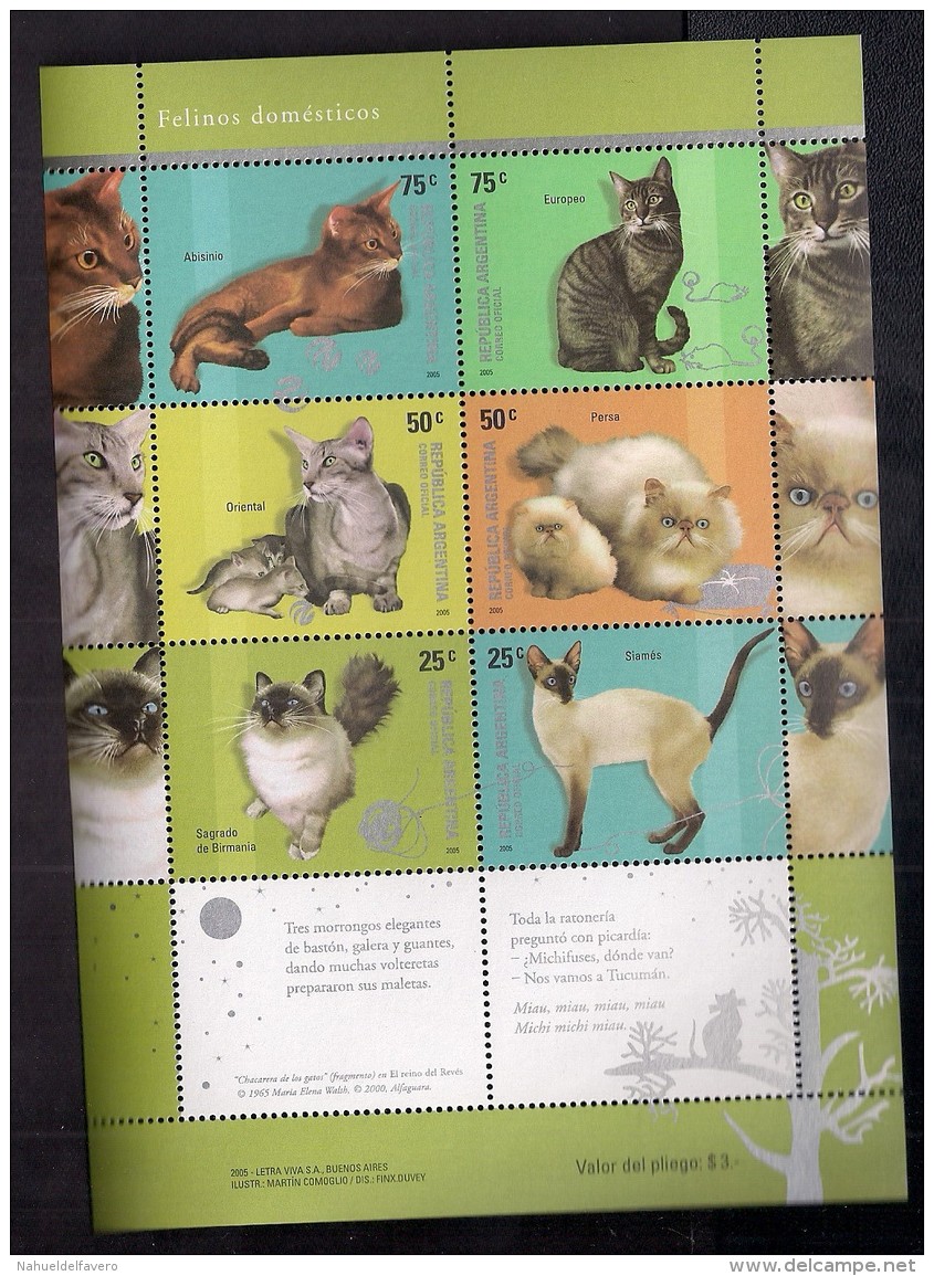 Argentine  Faune Chats 2005 Yvert 2532/7 - Chats Domestiques