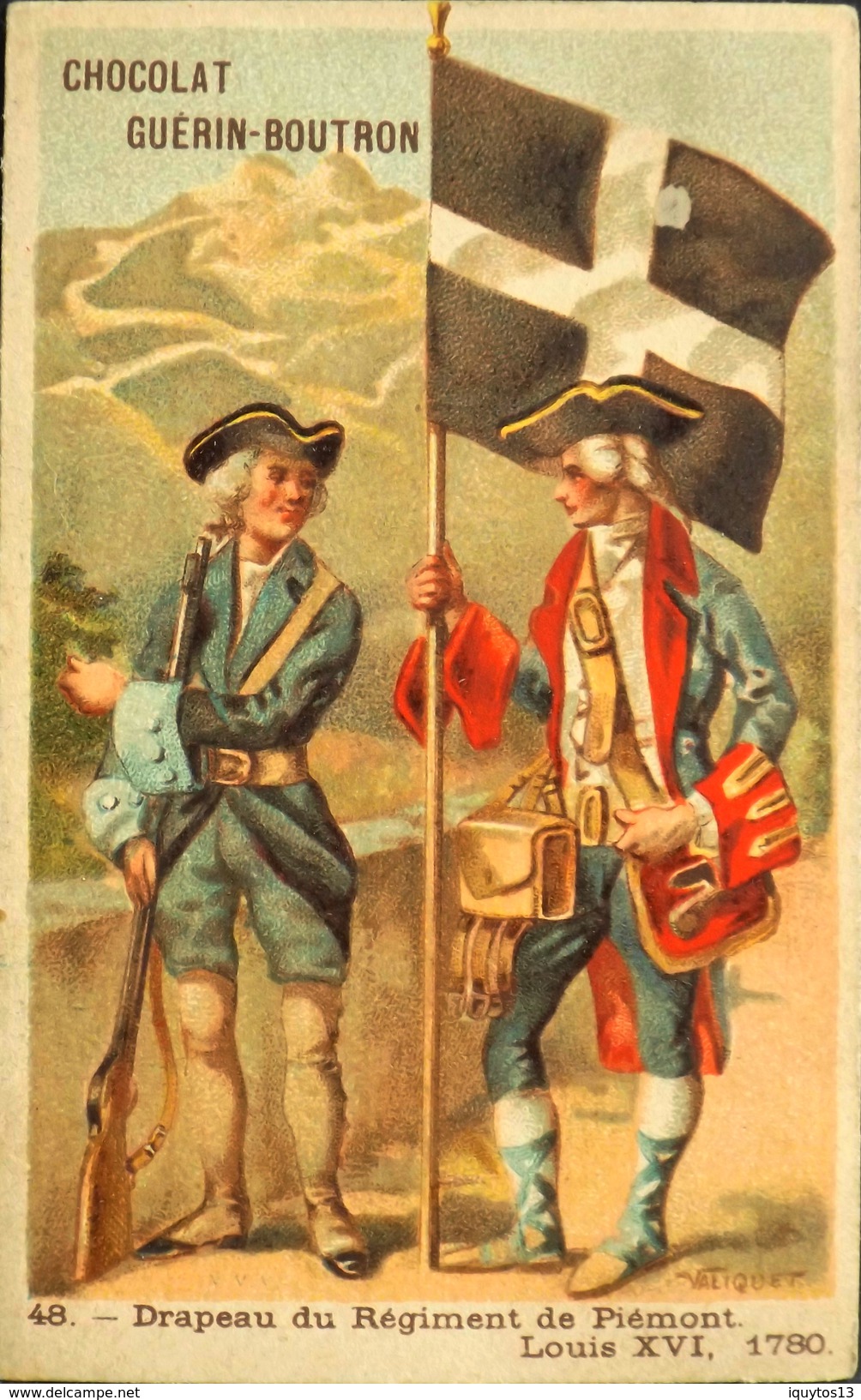 CHOCOLAT GUERIN-BOUTRON - Belle Chromo. - Illust. : Valiquet - N° 48 Drapeau Du Régiment De Piémont Louis XVI - BE - Guerin Boutron