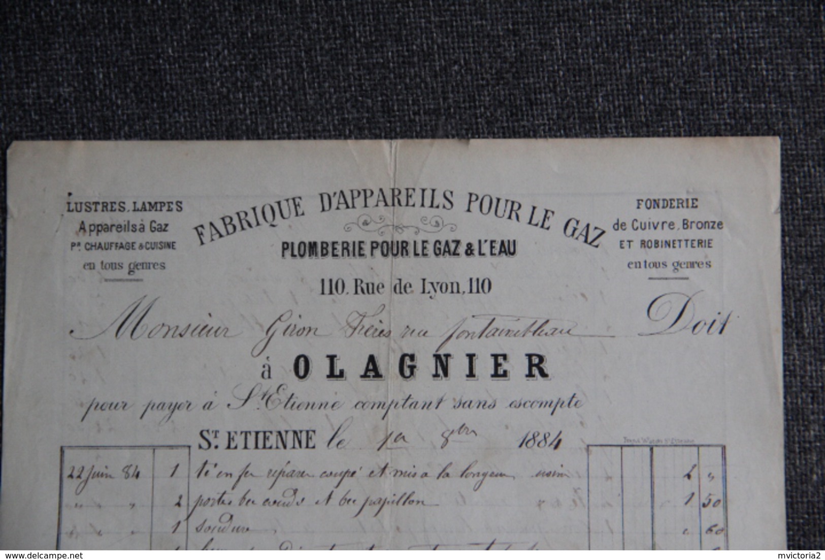 Facture Ancienne Publicitaire, ST ETIENNE, Fabrique D'Appareil Pour Le GAZ, OLAGNIER - 1800 – 1899