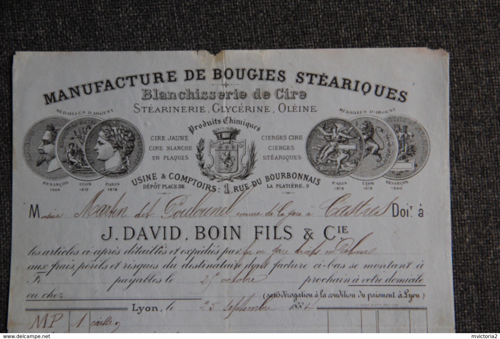 Facture Ancienne Publicitaire, LYON, Manufacture De Bougies Stéariques, Blanchisserie De Cire, J.DAVID,BOIN Fils Et Cie. - 1800 – 1899