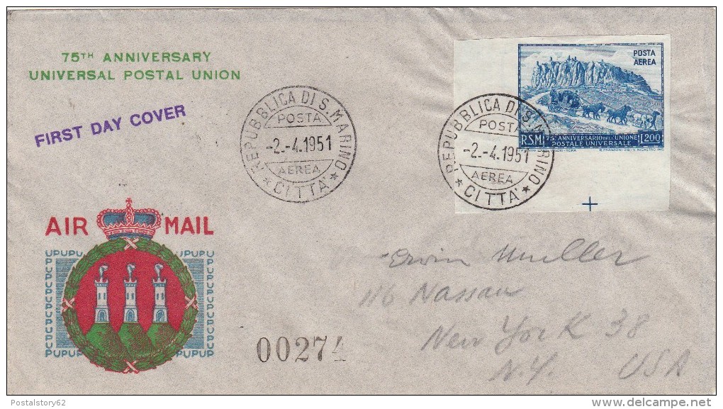 San Marino To New York, USA. Cover 75° Anniversary Universal Postal Union, First Day Cover , 02 - 04 - 1951 - Storia Postale