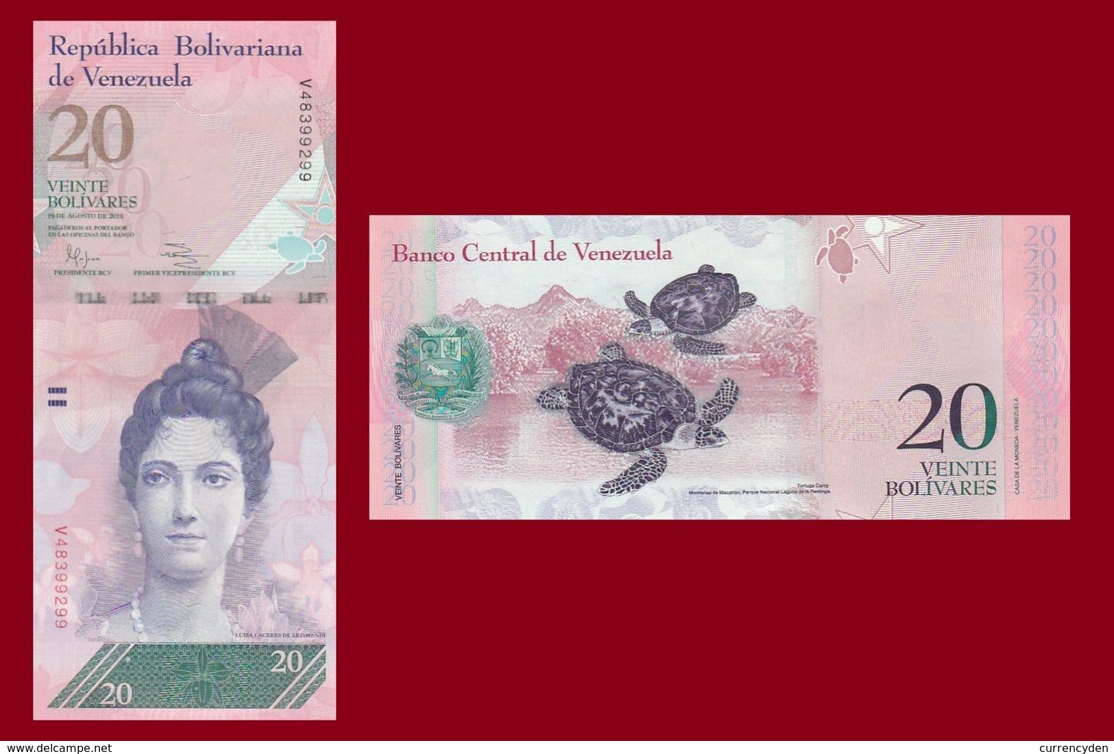 Venezuela P91, 20 Bolivar, Luisa Arismendi /Hawksbill Sea Turtle, 2014 UNC $10CV - Venezuela