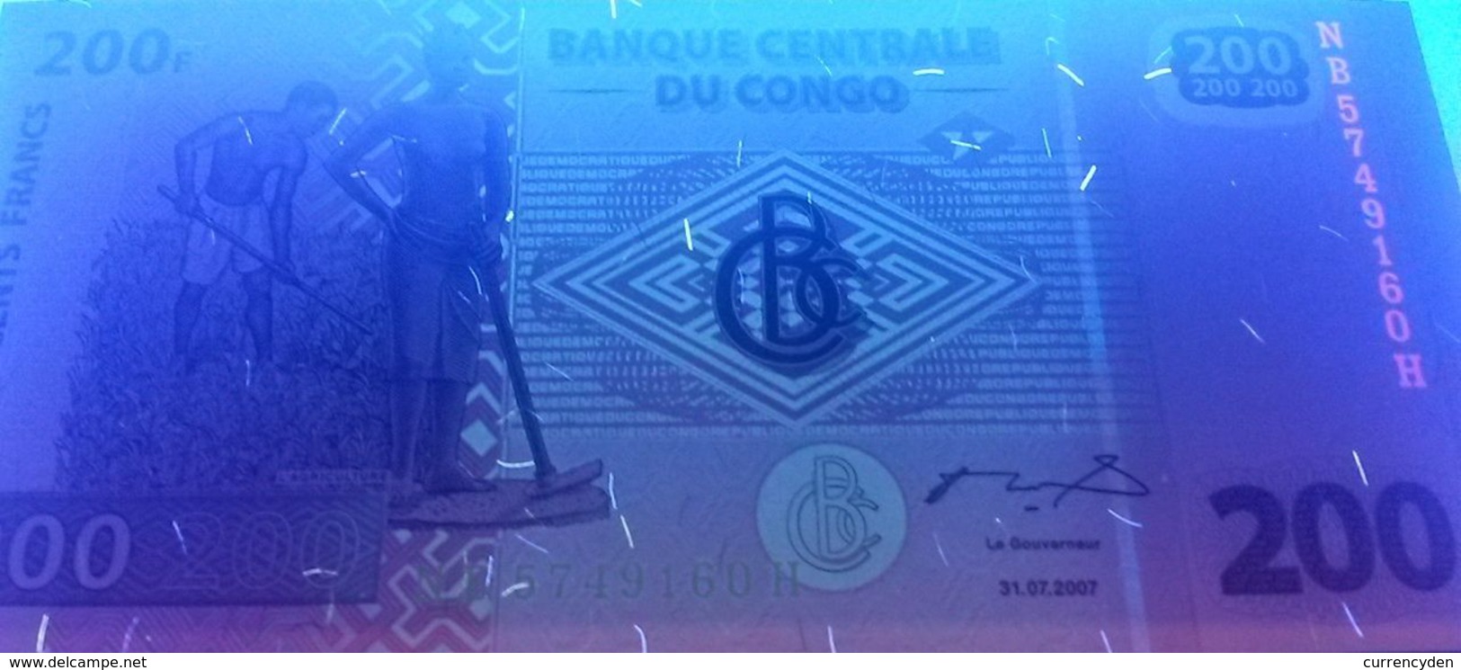 Congo P99a, 200 Francs, Man & Woman With Hoes / Log Drum - See UV Image 2007 UNC - Demokratische Republik Kongo & Zaire