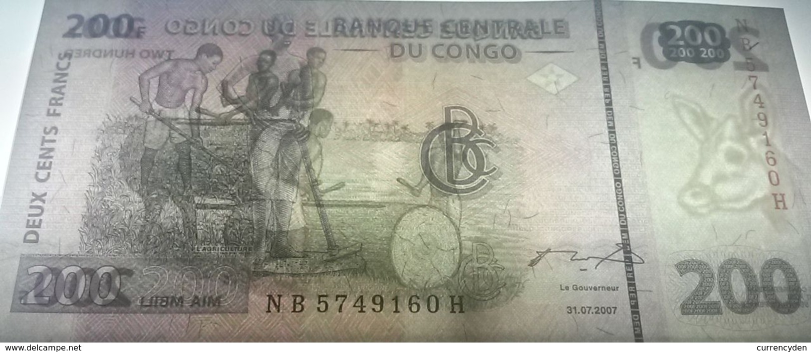 Congo P99a, 200 Francs, Man & Woman With Hoes / Log Drum - See UV Image 2007 UNC - République Démocratique Du Congo & Zaïre