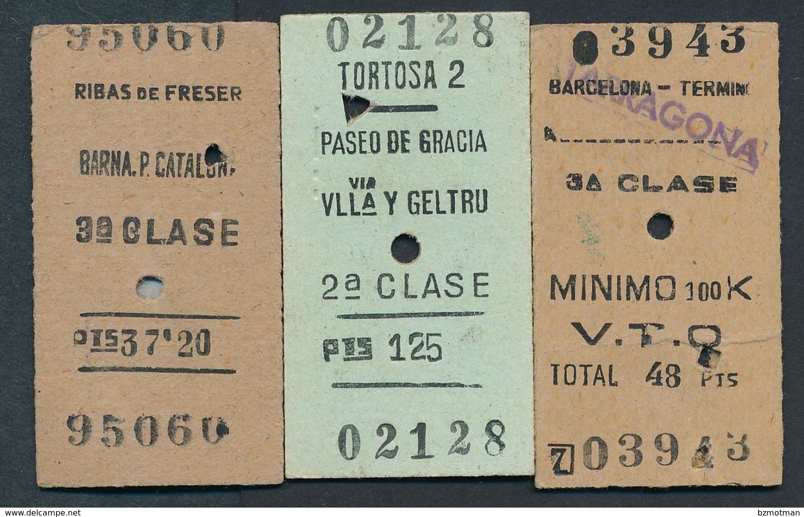 SPAIN QY2222 3 Billetes 1959-68 Tortosa Ribas De Freser Barcelona Paseo De Gracia - Europa