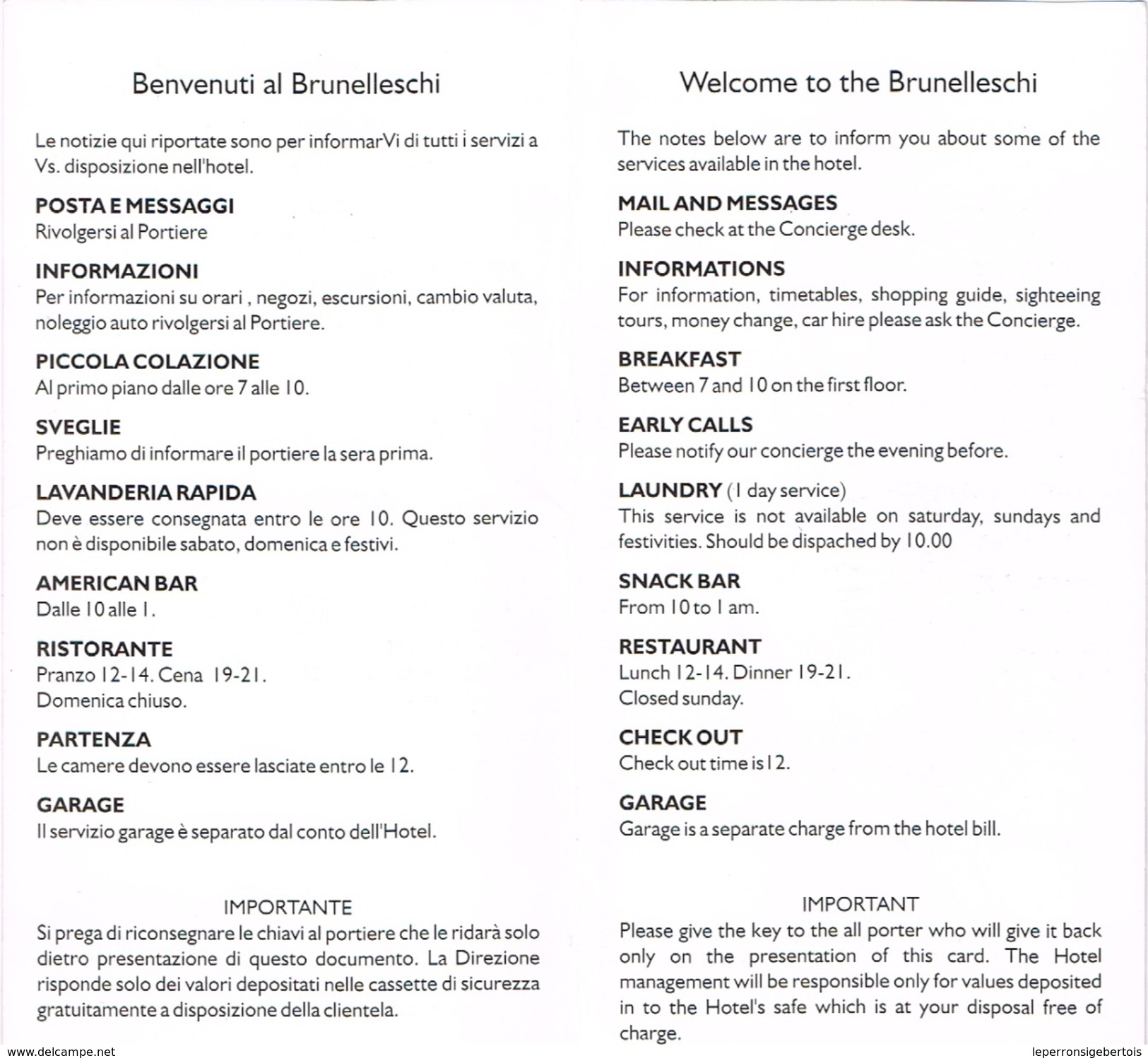 Firenze - Florence - Hotel Brunelleschi 2002 - Etiquettes D'hotels