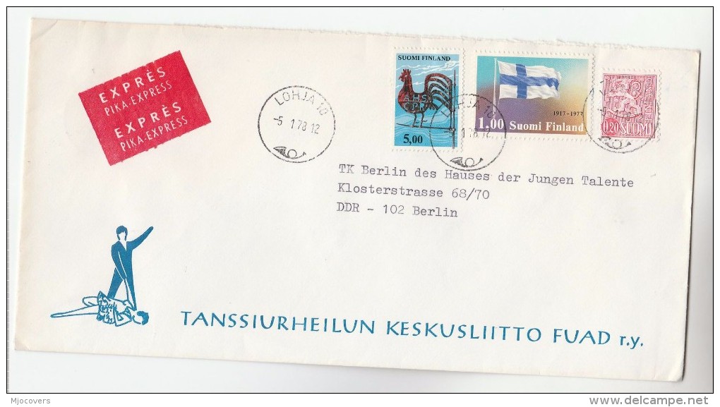 1978 EXPRESS Lohja FINLAND ADVERT COVER Illus DANCING Sport To Germany Chicken Flag Stamps 2 X Express Label - Covers & Documents