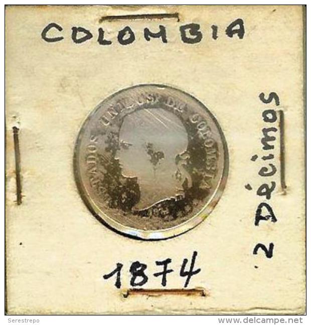 COLOMBIA 2 Decimos 1874 - Medellin - Very Rare Silver Coin - Colombia