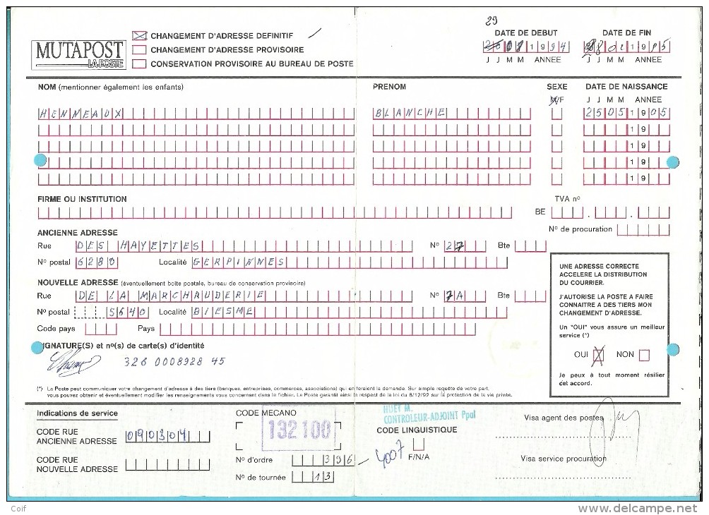 MUTAPOST "LA BONNE ADRESSE" (124M) 2481 Met Stempel METTET Op 25/8/1994 - 1990-1993 Olyff