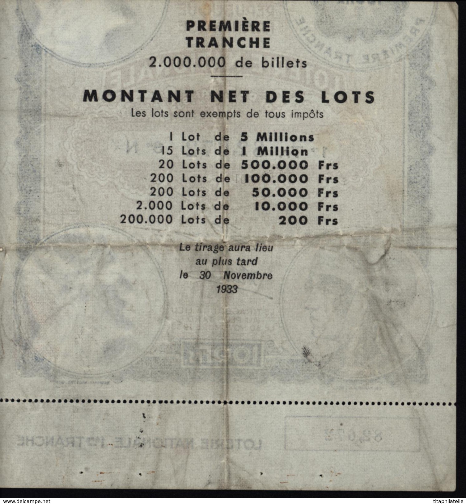 France 1933 1ère Année Des Billets De La Loterie Nationale  1ère Tranche 100F Femme Casquée Laurée - Lottery Tickets