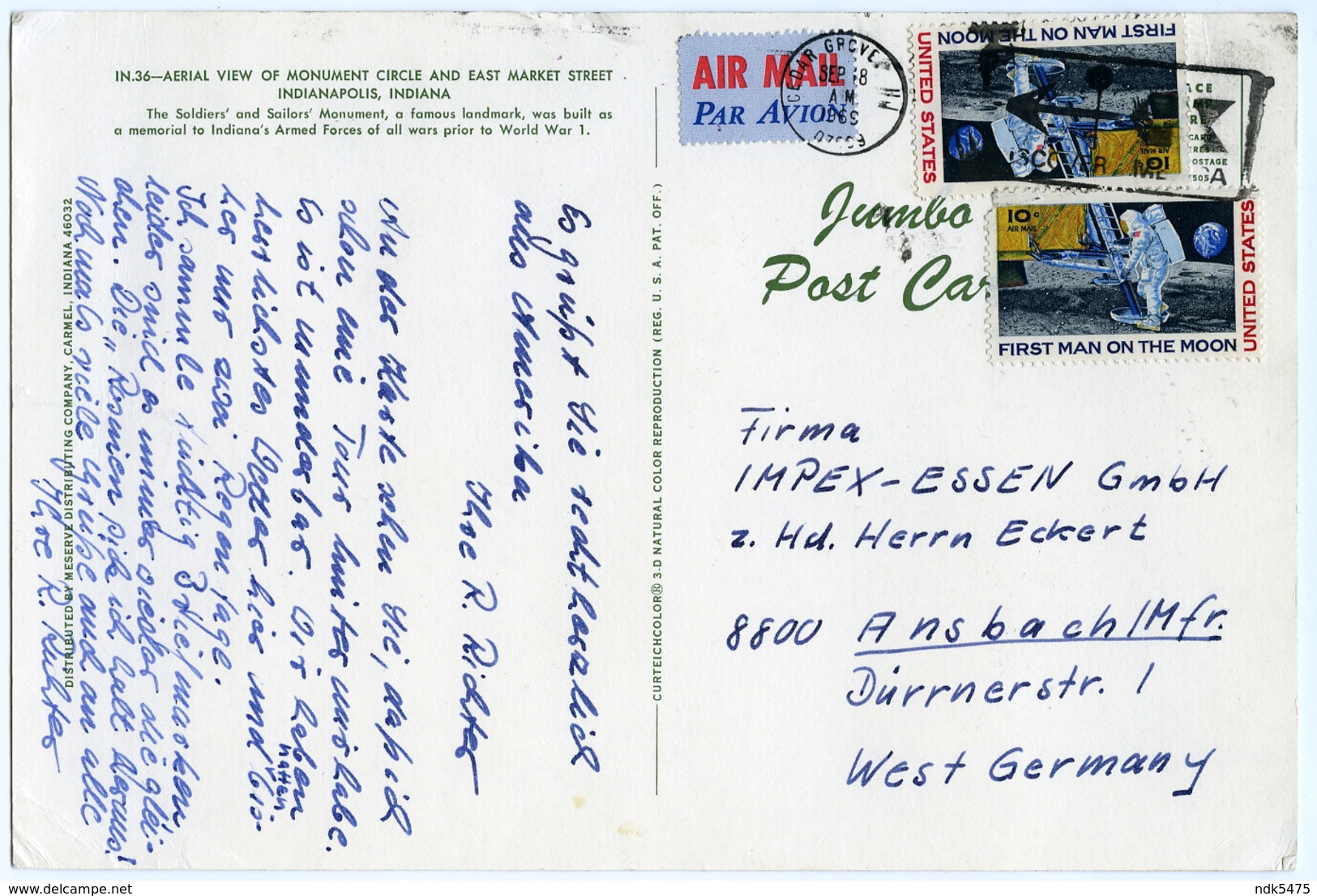 USA : FIRST MAN ON THE MOON - STAMPS & 1969 FRANKINGS : POSTCARD - INDIANA - INDIANAPOLIS (23 X 15.5cms Approx.) - Used Stamps