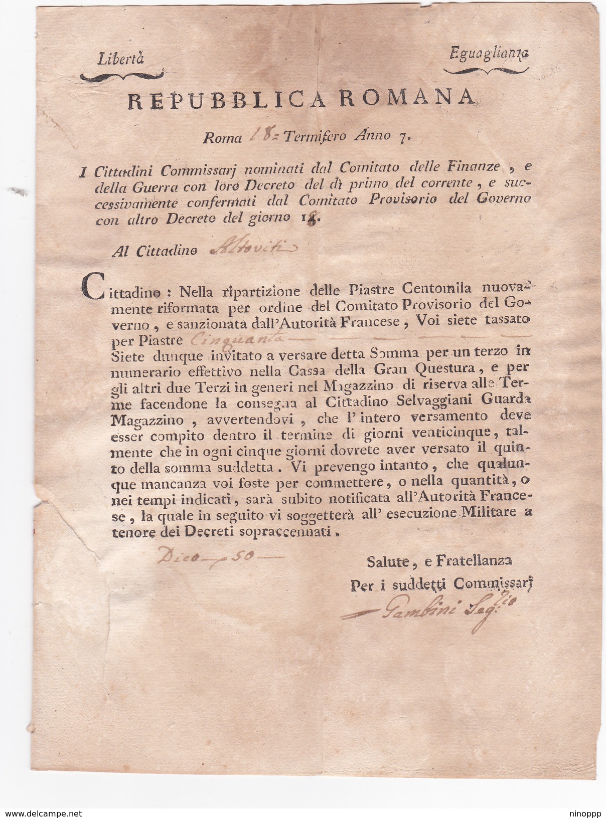 Italia - 1802 Repubblica Romana Anno 7  Documento Di Notifica Per Il Cittadino Altoviti - 1. ...-1850 Prefilatelia