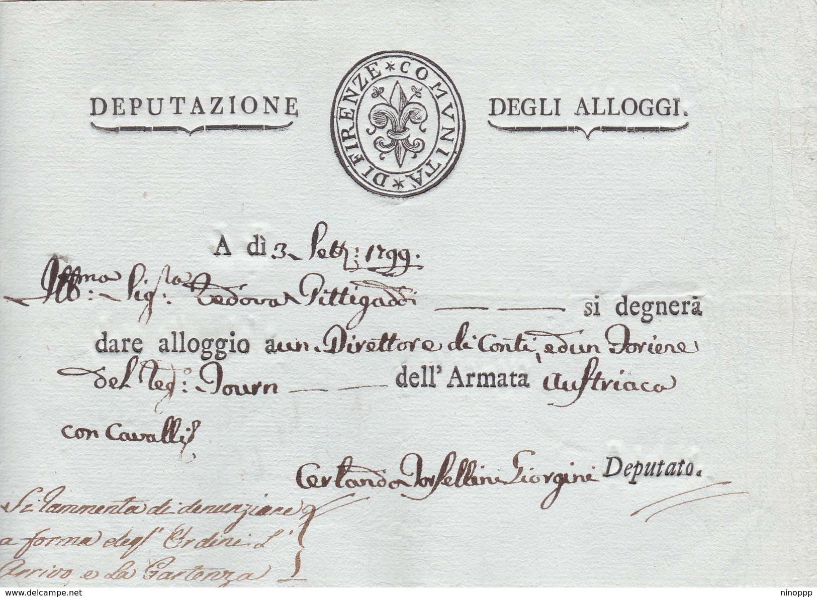 Italia 1799  Firenze Lettera  Per Dare Alloggio Alla Armata Austriaca - 1. ...-1850 Vorphilatelie