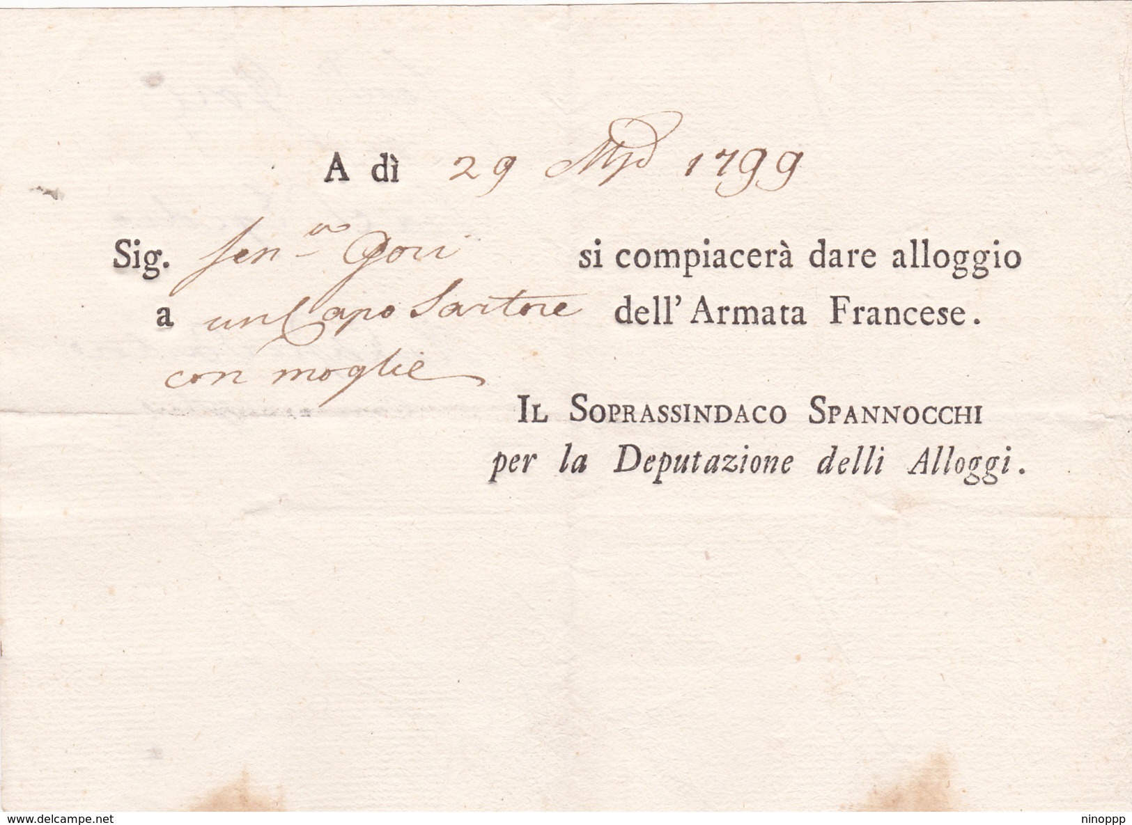 Italia 1799 Lettera  Per Dare Alloggio Alla Armata Francese - 1. ...-1850 Prephilately