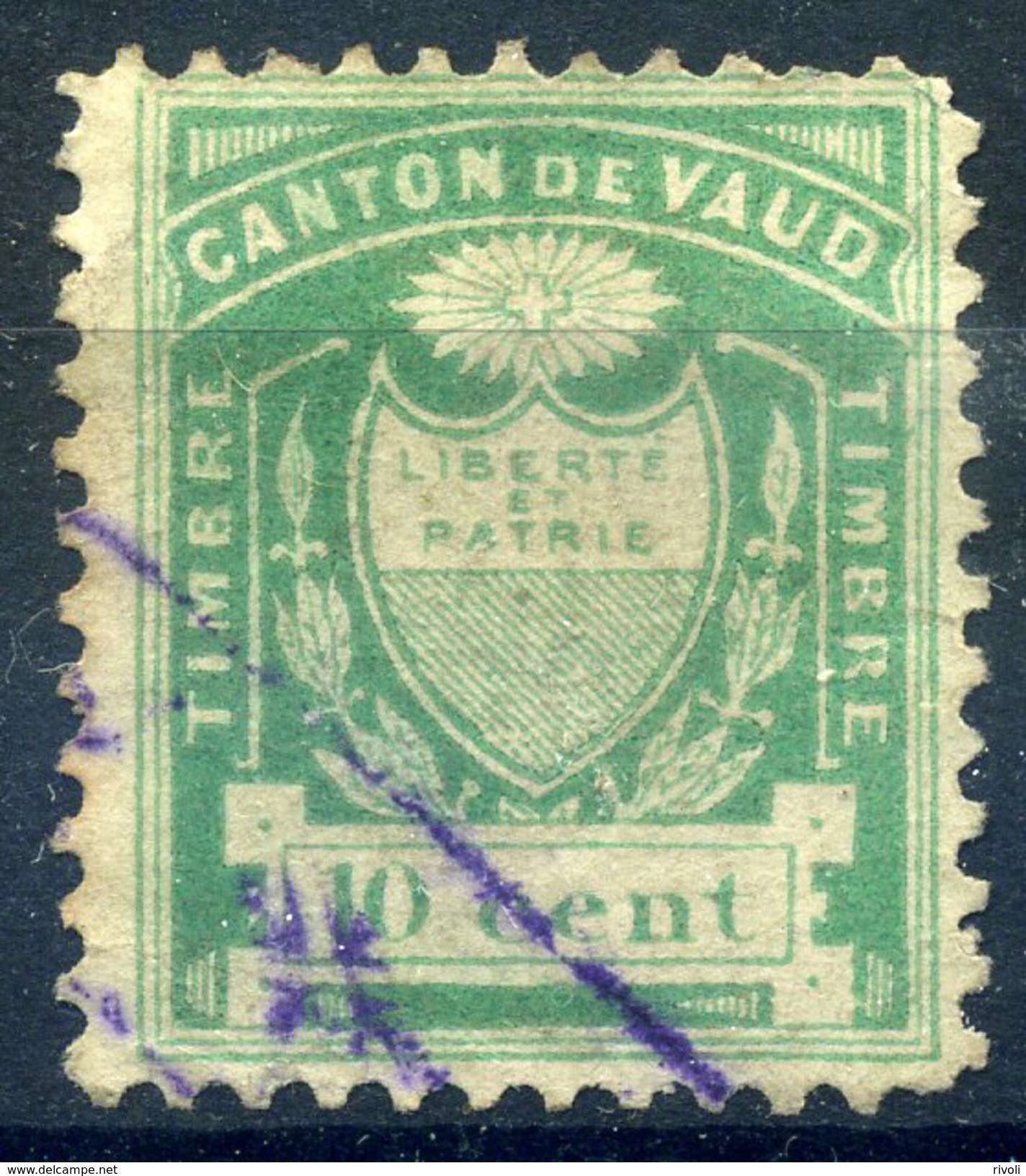 SWITZERLAND SUISSE SCHWEIZ SVIZZERA 1865 CANTON DE VAUD CENT. 10 10c FISCAL STAMP REVENUE USATO USED OBLITERE - Fiscaux