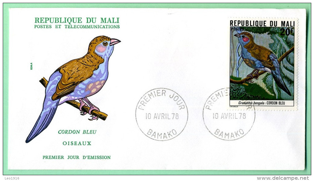 FDC Enveloppe 1er Jour MALI 10/04/1978 Oiseaux Cordon Bleu 20 F - Mali (1959-...)