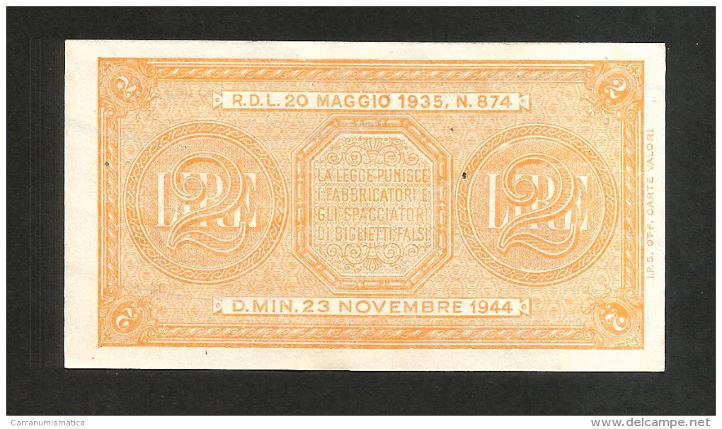 ITALIA - 2 LIRE ITALIA LAUREATA - (Firme: Bolaffi / Cavallaro / Giovinco - Decr. 23/11/1944) LUOGOTENENZA - Italië – 2 Lire