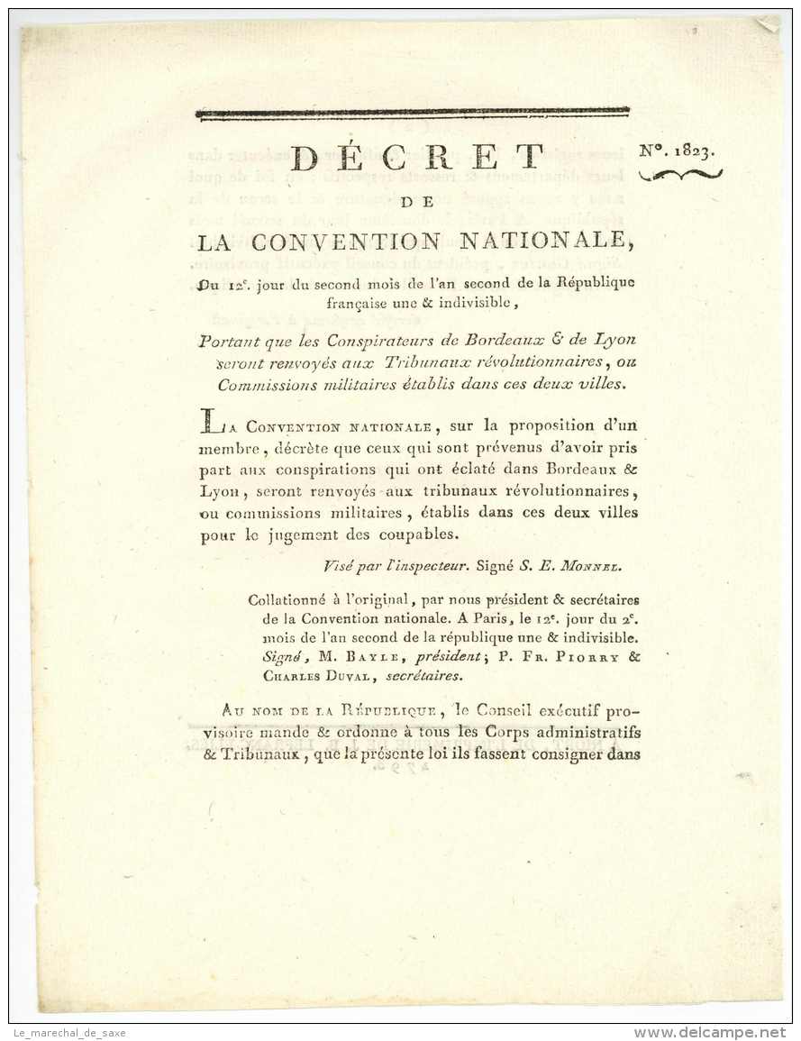 REVOLUTION &ndash; Décret De La Convention Nationale  - 1793 - Rebelles De LYON Et BORDEAUX - Historical Documents
