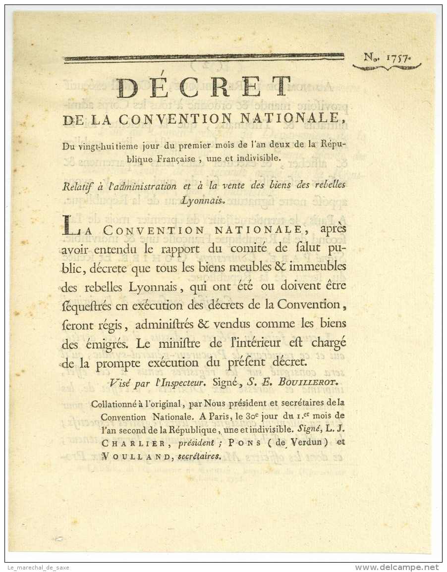 REVOLUTION &ndash; Décret De La Convention Nationale  - 1793 - Rebelles De LYON - Documenti Storici
