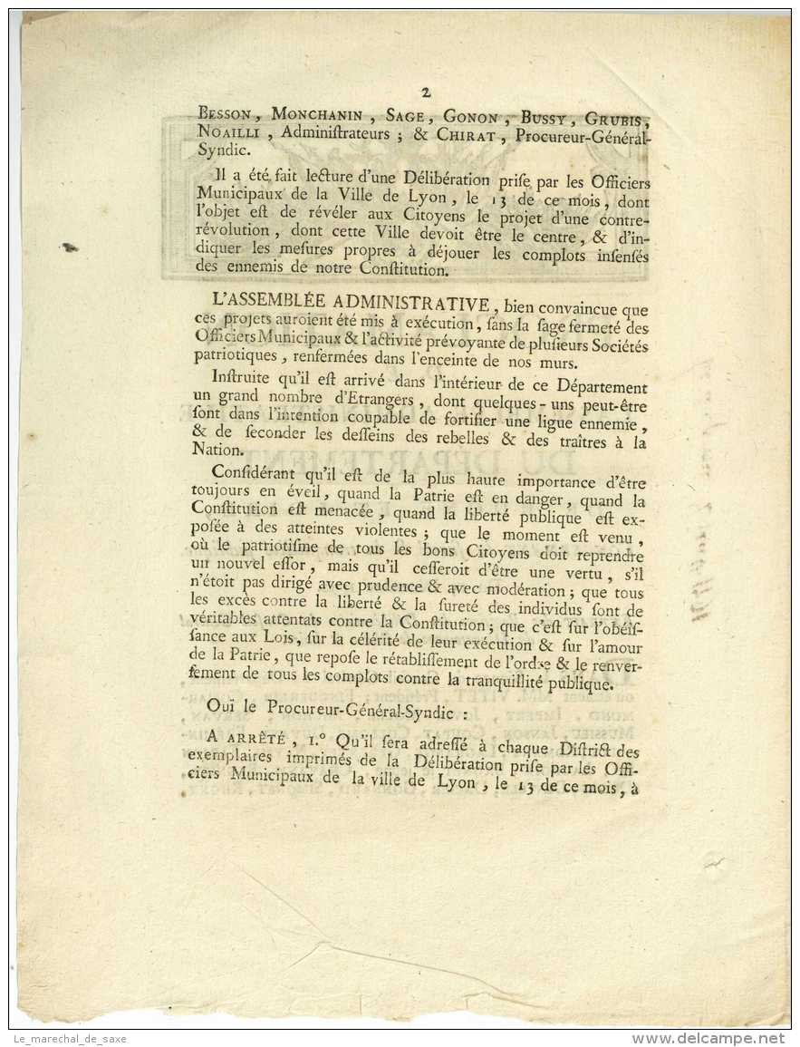 REVOLUTION &ndash; LYON &ndash; Proclamation De L&lsquo;assemblée Administrative Du Département - 1790 - Historical Documents