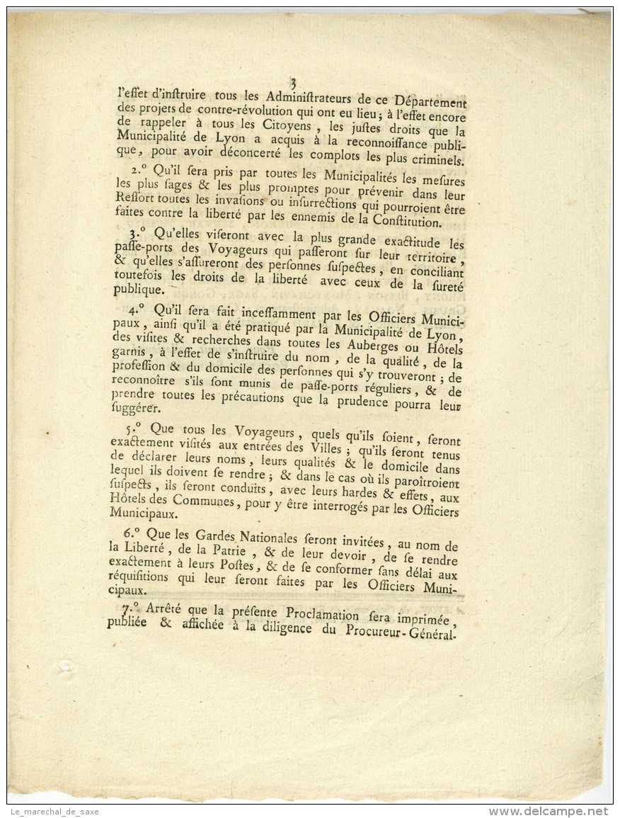 REVOLUTION &ndash; LYON &ndash; Proclamation De L&lsquo;assemblée Administrative Du Département - 1790 - Documenti Storici