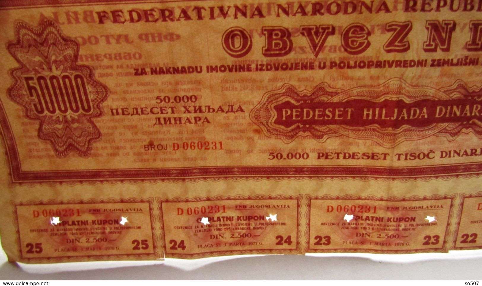 X1- Loan, Bonds, Obligation 50 000 Dinara 1954. Fifty Thousand Dinars - FNRJ Yugoslavia - Schecks  Und Reiseschecks